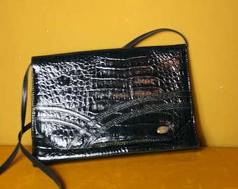 Vintage Bag Handbag 70/80s lacquer (art) leather, crocodile embossing, ocean blue, long shoulder strap