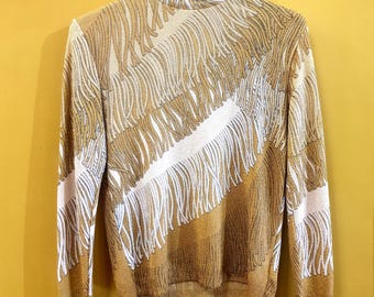 Originele vintage trui van Jacques Esterel met trompe-l'œil-patroon en franjes, jaren 60/70, unisex, fijn gebreid, mosterdroze, zwart, collectorsitem