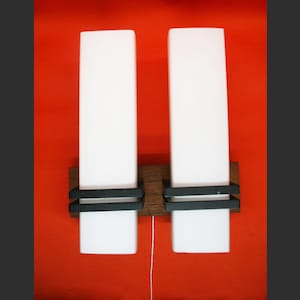 Vintage original 60s teak 2pcs wall lamp blackened metal frosted glass opal glass glass wood