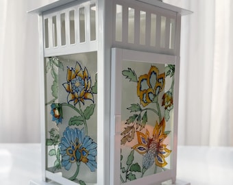 Linterna pintada a mano, lámpara de linterna de vidrio de colores, candelabro