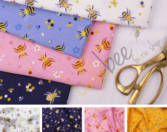 CLEARANCE SALE - Wonder Bees Spring Floral 100% Cotton Poplin Bumble Bee Honey Bee Print Summer Dress Tops Fabric Material