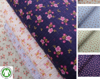 Winterberry Micro Flower Floral Prints Organic GOTS Double Gauze Crinkle 100% Cotton Muslin Fabric