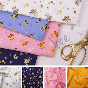 CLEARANCE SALE - Wonder Bees Spring Floral 100% Cotton Poplin Bumble Bee Honey Bee Print Summer Dress Tops Fabric Material
