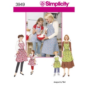 Könnte beinhalten: Ein Schnittmuster zum Nähen von Schürzen, mit vier verschiedenen Stilen. Das Muster enthält ein Herzdesign und den Text "Simplicity" und "3949".