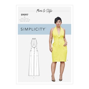 May include: A sewing pattern for a sleeveless dress with a V-neckline and button closure. The pattern is for sizes UK 8-16, Euro 32-40, and French 34-42. The pattern is called Simplicity S9097 and is designed by Mimi G Style.
