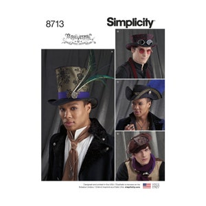 May include: A Simplicity sewing pattern for four different hats. The hats are a top hat with a feather, a cowboy hat with a blue plume, a fedora with a red band, and a beret with a purple scarf. The pattern number is 8713.