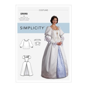 May include: A Simplicity sewing pattern for a costume, featuring a white dress with a blue underskirt and a white blouse with puffed sleeves. The pattern number is S9090 and the sizes are UK 6-14, Euro 32-40, and French 34-42.