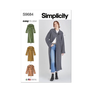 May include: Simplicity sewing pattern S9684, easy-to-sew long hooded cardigan with a tie closure. The pattern includes three variations: a green cardigan, a brown cardigan, and a leopard print cardigan.
