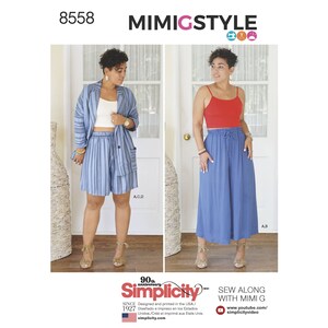 May include: A sewing pattern for a pair of wide-leg trousers with a high waist and a drawstring. The pattern is called "Mimi Style" and is for size 8558. The trousers are shown in a light blue colour.