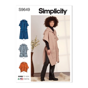 May include: Simplicity sewing pattern S9649 for a long, collared, button-front coat with pockets. The pattern includes three variations: a blue coat, a light blue coat, and a tan coat.