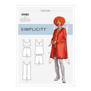 May include: A Simplicity sewing pattern for a costume, featuring a red dress with a white collar and a matching red jacket. The pattern includes instructions for sizes UK 6-14, Euro 32-40, and French 34-42.