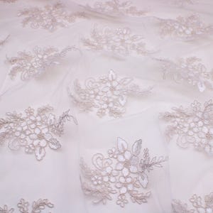Bridal Embroidery Lace Tulle Mesh Scalloped Edge Dressmaking Fabric - Ivory Flowers 3