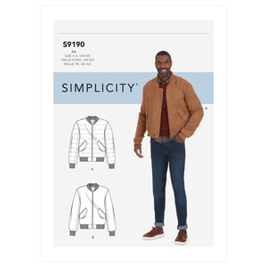 May include: A sewing pattern for a bomber jacket. The pattern is for sizes US 34-42, Euro 44-52, and French 44-52. The pattern includes instructions for making two different styles of bomber jackets, one with a quilted lining and one with a plain lining. The pattern is from Simplicity.