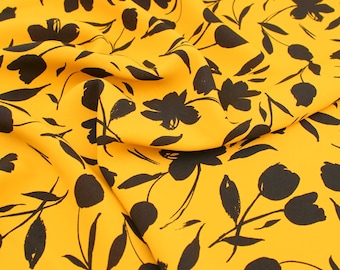 Mandy Black Tulips on Yellow Polyester Dressmaking Material for Sewing Fabric