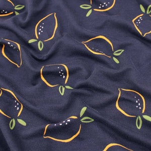 Lemons on Navy French Terry Jersey Knit Stretch Spandex Fruit Pattern OEKO-TEX Kids Children Women Soft Craft Fabric