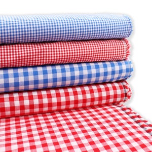 Può includere: Quattro strati di tessuto gingham in rosso e blu. Il tessuto è piegato e impilato, con lo strato inferiore steso.