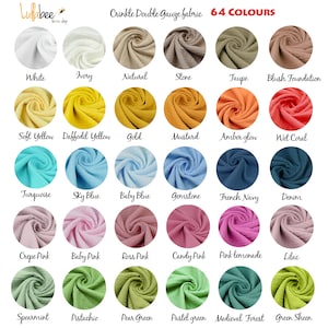 Pu&ograve; includere: Una cartella con 64 campioni di tessuto in vari colori, tra cui bianco, avorio, naturale, pietra, tortora, fondotinta blush, giallo tenue, giallo narciso, oro, senape, bagliore ambrato, corallo bagnato, turchese, azzurro cielo, azzurro beb&eacute;, pietra preziosa, blu navy francese, denim, rosa cr&ecirc;pe, rosa beb&eacute;, rosa ross, rosa confetto, limonata rosa, lilla, menta, pistacchio, verde pera, verde pastello, foresta medievale e verde brillante. Il tessuto &egrave; descritto come una doppia garza stropicciata.