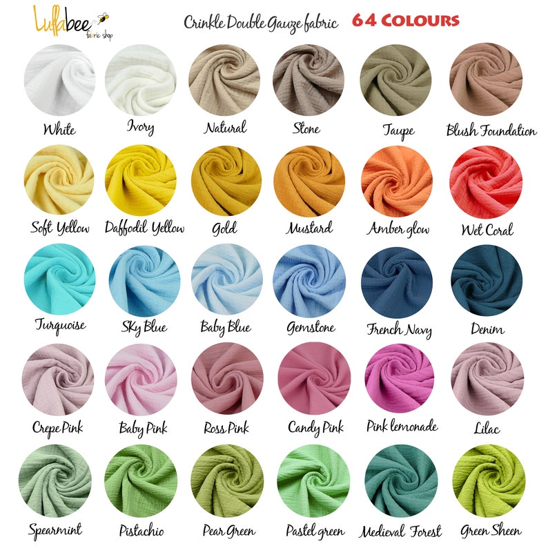 Pu&ograve; includere: Una cartella con 64 campioni di tessuto in vari colori, tra cui bianco, avorio, naturale, pietra, tortora, fondotinta blush, giallo tenue, giallo narciso, oro, senape, bagliore ambrato, corallo bagnato, turchese, azzurro cielo, azzurro beb&eacute;, pietra preziosa, blu navy francese, denim, rosa cr&ecirc;pe, rosa beb&eacute;, rosa ross, rosa confetto, limonata rosa, lilla, menta, pistacchio, verde pera, verde pastello, foresta medievale e verde brillante. Il tessuto &egrave; descritto come una doppia garza stropicciata.