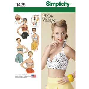 May include: A Simplicity pattern for vintage 1950s tops. The image shows a woman wearing a polka dot halter top and yellow skirt. The pattern includes illustrations of various top styles, with the text "1950s Vintage" and the number "1426".