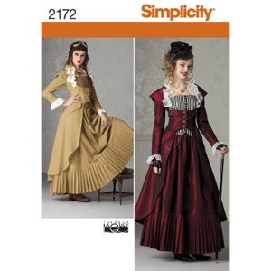 May include: Simplicity sewing pattern number 2172 for a steampunk-inspired dress with a long skirt, a fitted bodice, and a ruffled collar. The dress is shown in two colour variations: a tan dress with a brown jacket and a burgundy dress with a black jacket.