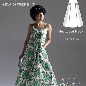 May include: A white sleeveless maxi dress with a green floral print and two pockets. The dress is called "Fleetwood Frock" and is available in UK sizes 8-26. The text "New retro" is in the bottom right corner of the image.