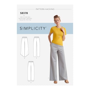 May include: A sewing pattern for trousers with different styles. The pattern is for sizes XXS to XXL. The pattern is from Simplicity.