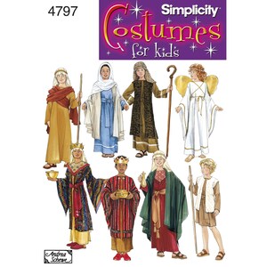 May include: A Simplicity pattern for children's costumes. The image shows illustrations of various biblical characters, including angels, shepherds, and kings, in colorful robes and accessories. The text "Costumes for kids" is visible.
