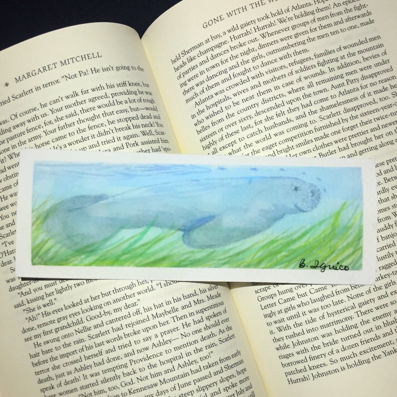 Manatee bookmark art print manatee watercolor print Etsy