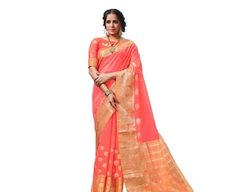 Party wear saree in peach pink with stitched blouse