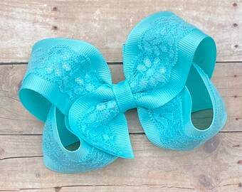 CUSTOM Color Choice Grosgrain Ribbon with Lace Overlay Medium 4 inch Boutique Hair Bow