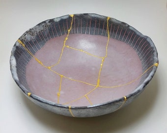 Big Japanese styled hand-made bowl repaired with Kintsugi (Kintsukuroi) technique