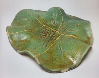 Unique Green hand-made plate repaired with Kintsugi (Kintsukuroi) technique