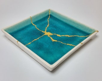 Small Turquoise hand-made plate/shallow bowl repaired with Kintsugi (Kintsukuroi) technique