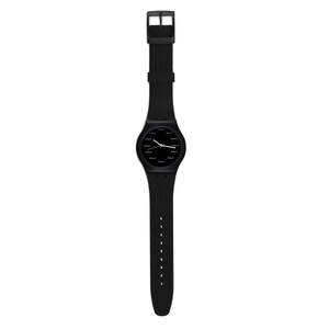 May include: A black wristwatch with a black band and a black face with white numbers and hands.