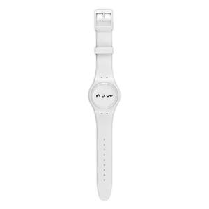 May include: A white wristwatch with a white band and a white face. The face of the watch has the word "now" written in black.