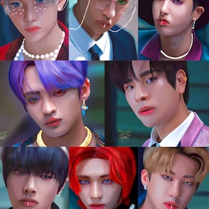 Puede incluir: Un collage de nueve imágenes con retratos de hombres con cabello, maquillaje y piercings coloridos. Cada imagen presenta a una persona diferente con un estilo único.