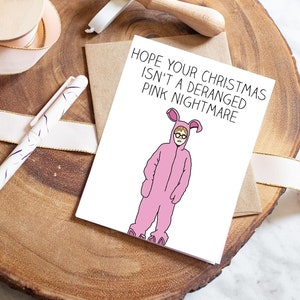 Carte de Noël amusante, cauchemar rose, lapin dérangé | Une histoire de Noël