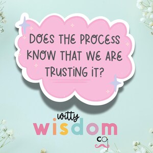 May include: A pink cloud-shaped sticker with the text "DOES THE PROCESS KNOW THAT WE ARE TRUSTING IT?" in dark grey. The sticker has a white border and star accents. Below is the text "witty wisdom co" in various colours.
