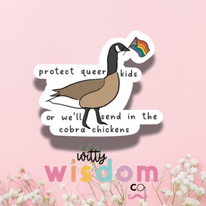 May include: A sticker featuring a cartoon goose holding a rainbow pride flag. The sticker says "Protect queer kids or we'll send in the cobra chickens."  The sticker is on a pink background with white flowers.