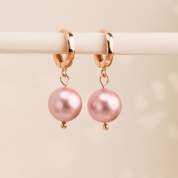 Pink Pearl Earrings, Dangling Hoop Earrings, Lightweight Earrings, Little Women Gifts, Teenage Girl Jewelry