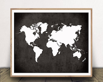 Black and White World Map Poster - Modern Travel Decor - Instant Download - Print From Home!