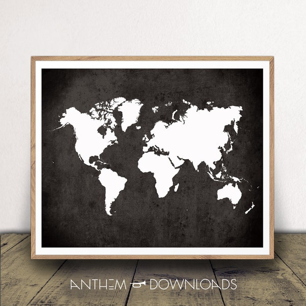 Black and White World Map Poster - Modern Travel Decor - Instant Download - Print From Home!