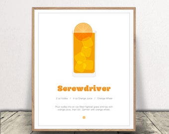 Screwdriver Print - Cocktail Poster - Food and Drink Art - Bar Cart Decor - Print At Home - Instant Download