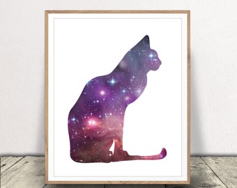 Astrological Cat Art Print - Spirit Animal Poster - Galaxy Cat Illustration - Kids Room Decor - Zodiac Wall Art - Instant Download!