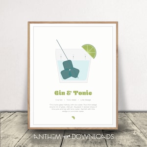 Gin-Tonic Print - Cocktail Poster - Eten en Drinken Kunst - Bar Cart Decor - Digitale bestanden - Instant Download