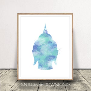 Blue Green Watercolor Buddha Head Art Print for Yoga Decor and Buddhist Wall Art for Meditation Space Buddha Poster Printable Download!