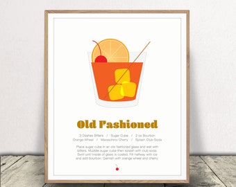 Old Fashioned Print - Cocktail Poster - Food and Drink Art - Bar Cart Decor - Digital Files - Instant Download