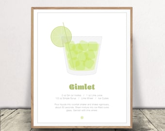 Puede incluir: Una receta de cóctel imprimible para un Gimlet, con una ilustración verde de un vaso con cubitos de hielo y una rodaja de lima. La receta incluye los ingredientes: 60 ml de ginebra (o vodka), 30 ml de jugo de lima, 15 ml de jarabe simple, una rodaja de lima y cubitos de hielo. Se incluyen instrucciones para preparar el cóctel.