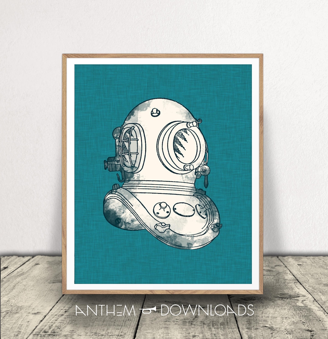 Deep Sea Diver Helmet Art Print - Nautical Wall Art - Beach House Decor ...