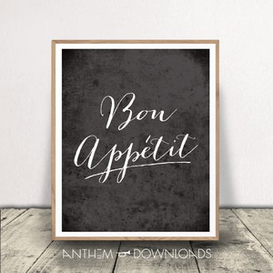 Bon Appetit Art Print - Printable Kitchen Decor - Cooking Typography - Black and White Wall Art - Digital Download
